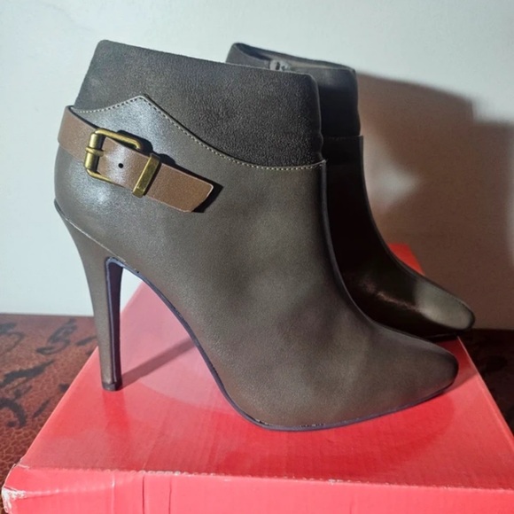 Delicious Shoes - Delicious Olive Green and Brown Stiletto Ankle Boots with Buckle